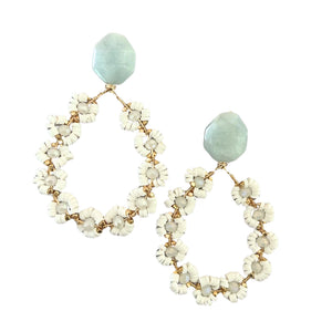 Small White Beaded Flower Earrings with Aquamarine