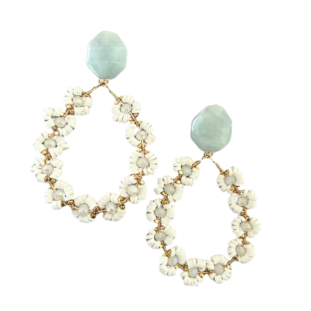 Small White Beaded Flower Earrings with Aquamarine